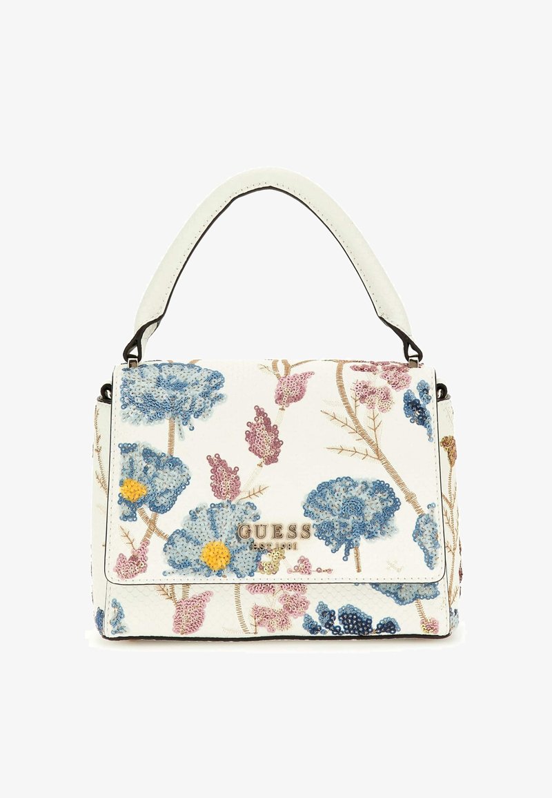 Bolso de mano de cuero blanco con un patrón de lentejuelas florales en azul, rosa y amarillo. Cuenta con un asa superior y un logo metálico de la marca en el frente.