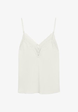 Hvid camisole-top med justerbare spaghettistropper, blondetrim langs udskæringen og på ryggen, glat tekstur og en detalje med knaplukning.