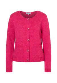 Rosa gestrickte Strickjacke mit rundem Ausschnitt, Knopfverschluss und gerippten Bündchen. Zwei Vorderentaschen mit strukturierter Stoffoberfläche.