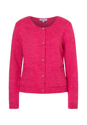 Rosa gestrickte Strickjacke mit rundem Ausschnitt, Knopfverschluss und gerippten Bündchen. Zwei Vorderentaschen mit strukturierter Stoffoberfläche.