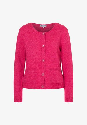 Rosa gestrickte Strickjacke mit rundem Ausschnitt, Knopfverschluss und gerippten Bündchen. Zwei Vorderentaschen mit strukturierter Stoffoberfläche.