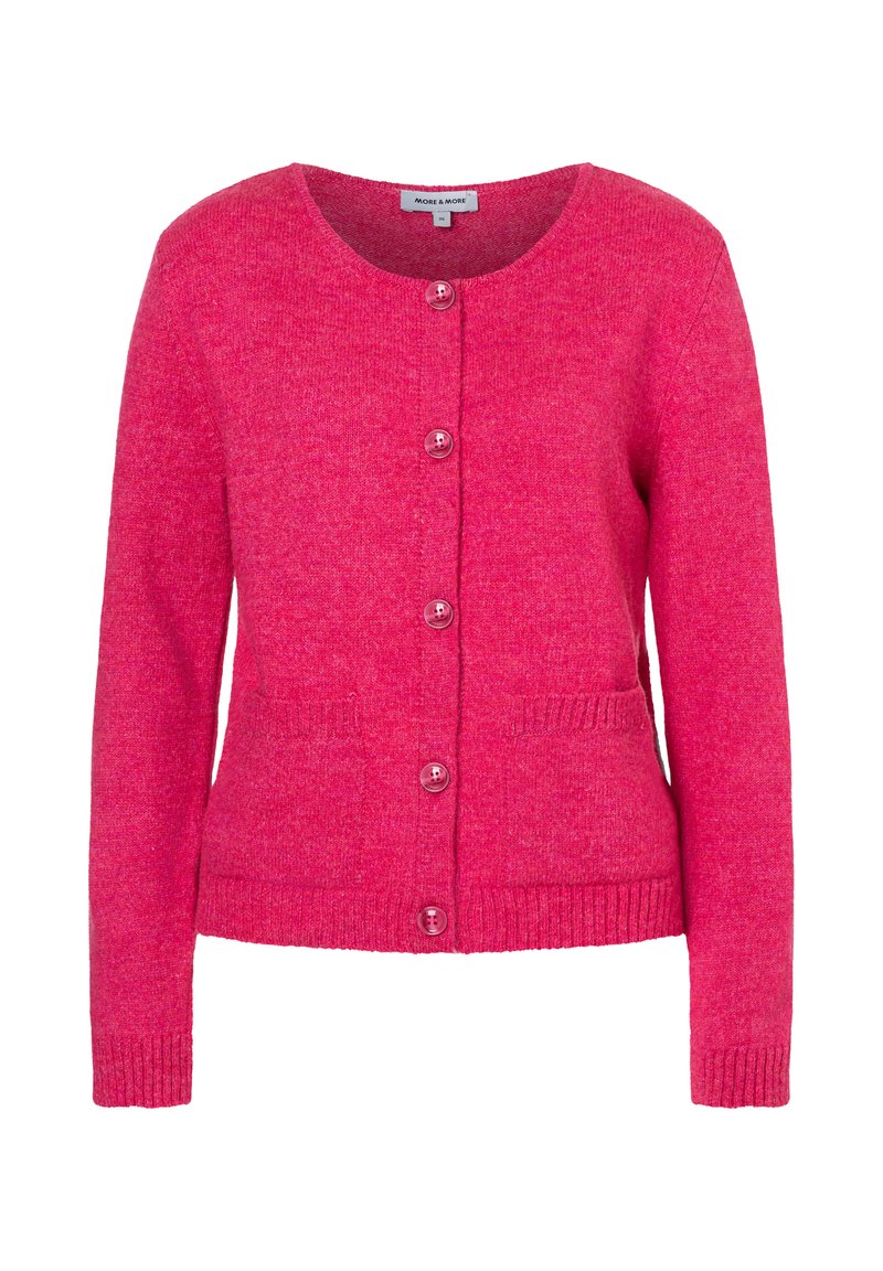 Rosa gestrickte Strickjacke mit rundem Ausschnitt, Knopfverschluss und gerippten Bündchen. Zwei Vorderentaschen mit strukturierter Stoffoberfläche.