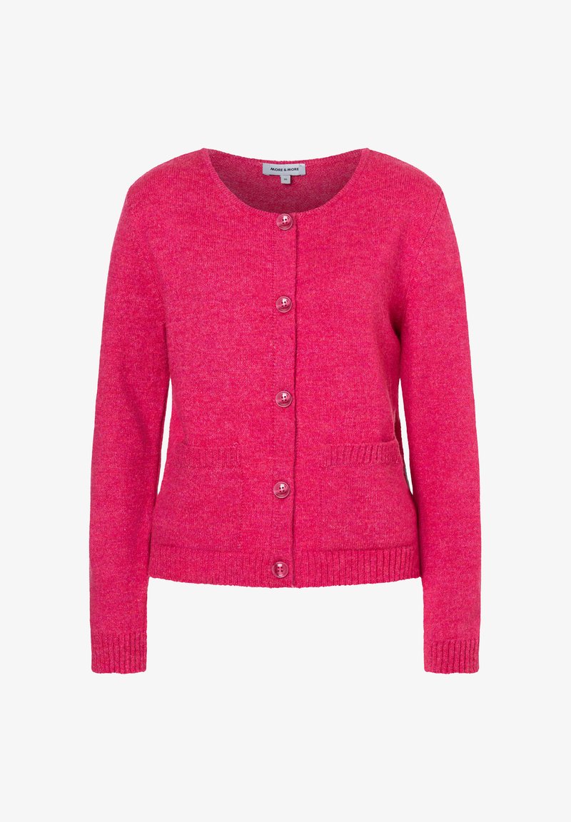 Rosa gestrickte Strickjacke mit rundem Ausschnitt, Knopfverschluss und gerippten Bündchen. Zwei Vorderentaschen mit strukturierter Stoffoberfläche.