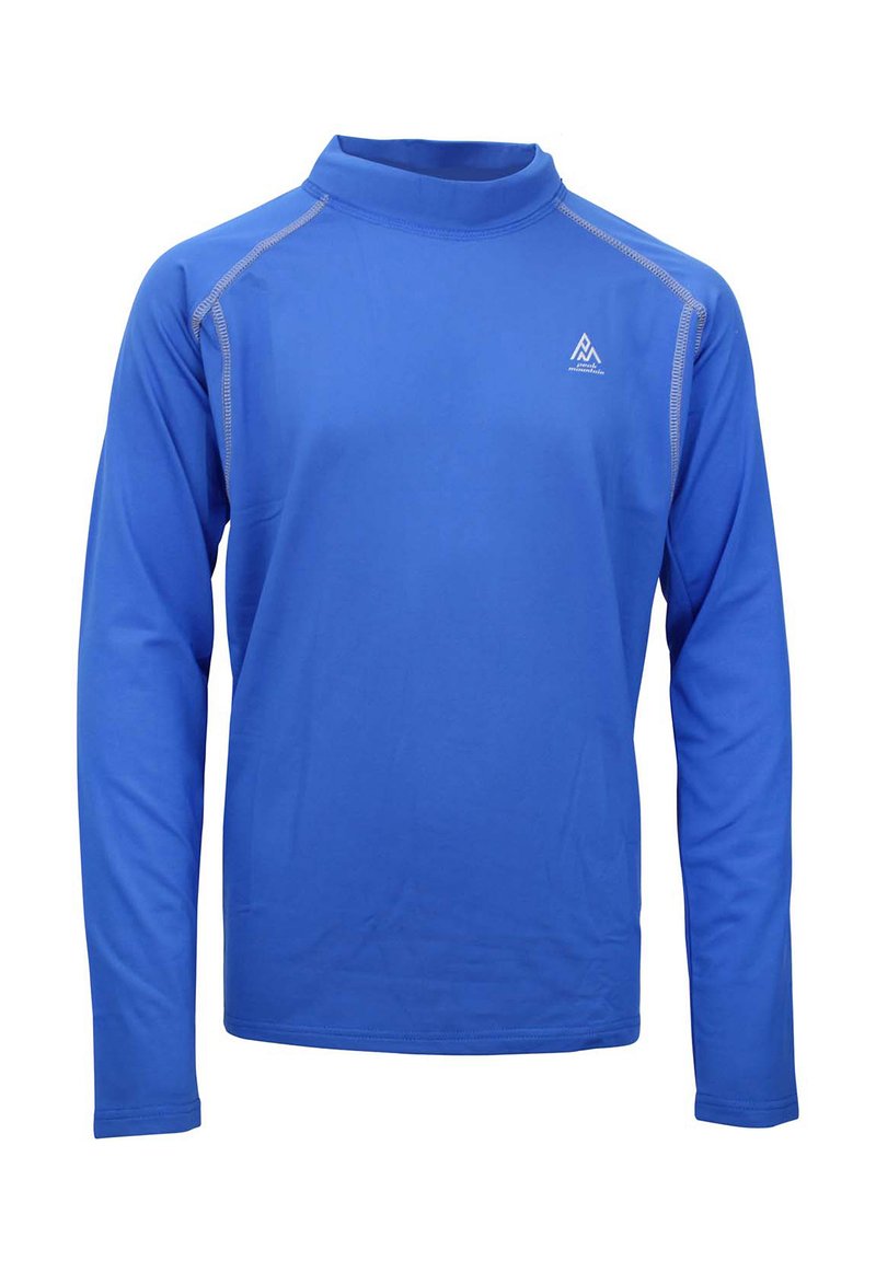 Maglietta a maniche lunghe e collo alto in tessuto blu uniforme. Presenta cuciture piatte e un piccolo logo sul petto, progettata per comfort e mobilità.