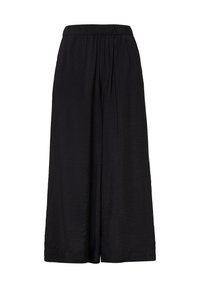 Zwarte, wijde broek met een elastische tailleband, gemaakt van lichtgewicht, gestructureerde stof, met subtiele plooien voor extra dimensie.