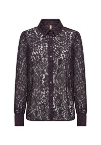 Mörklila långärmad spetsblus med blommigt mönster, knäppning fram, spetsig krage och matchande spetsmanschetter.