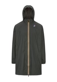 Lange, met een capuchon regenjas in donkergroen, met een gele en witte gestreepte rits. Gemaakt van lichtgewicht, waterafstotende stof. Twee zijzakken.