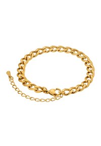 Bracciale in oro con maglie interconnesse, superficie liscia, chiusura regolabile con una piccola catena di prolunga e dettaglio del gancio rotondo.