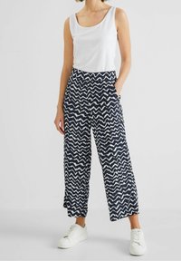 Vit ärmlös topp tillsammans med marinblå vida byxor med ett vitt zigzag-mönster. Modellen har på sig vita sneakers.