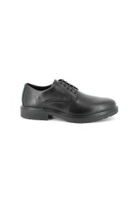 Scarpa da uomo in pelle nera con punta arrotondata, chiusura con lacci e tacco in gomma basso. Tessuto liscio con dettagli minimi.