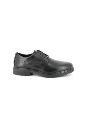 Scarpa da uomo in pelle nera con punta arrotondata, chiusura con lacci e tacco in gomma basso. Tessuto liscio con dettagli minimi.