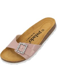 Roze, gepatenteerde schuifsandalen met een decoratieve kristallen gesp, kurken voetbed en gestructureerde bruine binnenzool, voorzien van een platte rubberen buitenzool.