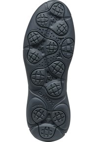 Suola in gomma nera con una superficie a motivi e texture, dotata di fori di ventilazione per la traspirabilità, con sezioni rialzate per la presa e un marchio.