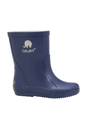 Marineblaue Gummiregenstiefel mit einem weißen Innenfutter, ausgestattet mit einer strukturierten Sohle und einem Elefantenlogo an der Seite. Glatte Oberfläche und abgerundetes Design.