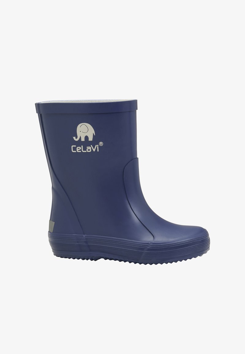 Botte de pluie en caoutchouc bleu marine avec un intérieur blanc, présentant une semelle texturée et un logo d'éléphant sur le côté. Surface lisse et design arrondi.