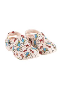 Pink clogs featuring a repeated Hello Kitty pattern with red bows and blue outfits. Made of textured, lightweight material with a closed toe.