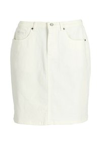 Jupe en denim blanc à coupe droite, fermeture à boutons sur le devant et deux poches latérales. Présente des coutures discrètes et des accents en métal.