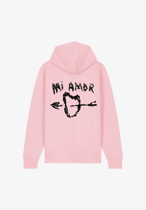 Roosa kapuutsiga särk, millel on must tekst "Mi Amor" ja südamekujund, millel on nool läbi, tehtud pehmest kangast, millel on soonikkoes alumine äär ja varrukad.