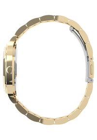 Reloj de pulsera en tono dorado con un cierre de hardware plateado, que cuenta con una correa de metal cepillado, una carátula redonda y un bisel texturizado.