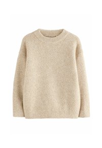 Beżowy sweter dziany o teksturowanym wzorze, okrągłym dekolcie, obniżonych ramionach oraz ściągaczach przy mankietach i dolnej krawędzi. Miękka tkanina o przytulnym wyglądzie.
