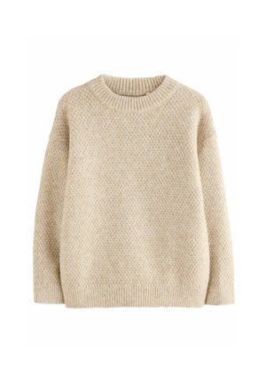 Beige knitted sweater with a textured pattern, round neck, dropped shoulders, and ribbed cuffs and hem. Soft fabric with a cozy appearance.