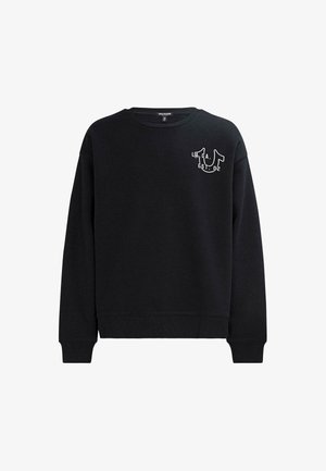 Felpa nera in misto cotone, con collo rotondo, maniche lunghe, polsini a costine e stampa del logo bianco sul petto.