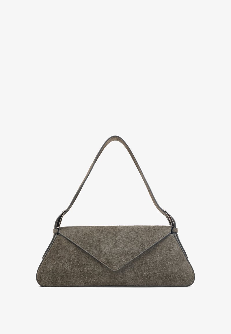Gray suede handbag with a triangular design, featuring a folded flap closure and a single curved shoulder strap. Textured finish.