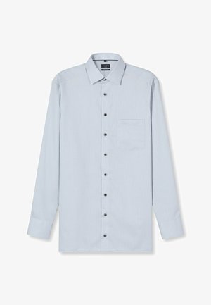 Hellblaues Langarmhemd aus strukturiertem Stoff. Mit durchgehender Knopfleiste, schwarzen Knöpfen und einer Brusttasche.
