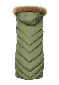 Longue doudoune sans manches vert olive avec des surpiqûres en chevrons et une capuche bordée de fausse fourrure marron.
