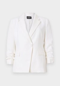 Λευκό tailored σακάκι με notch πέτο, ένα μπροστινό κουμπί, δύο τσέπες με καπάκι, σούρες στα μακριά μανίκια και μαύρη ετικέτα BOSS μέσα στον γιακά.