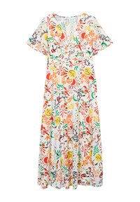 Robe maxi florale en tissu léger, présentant un imprimé coloré de formes rouges, orange, vertes et noires, avec des manches courtes et un décolleté en V.