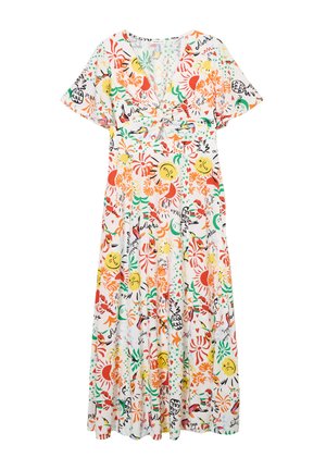 Blumenkleid in leichtem Stoff, mit einem bunten Druck aus roten, orangefarbenen, grünen und schwarzen Formen, kurzen Ärmeln und einem V-Ausschnitt.