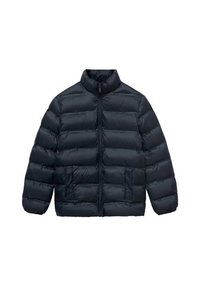 Giacca puffer blu navy con colletto alto, zip frontale, trapuntatura orizzontale e due tasche laterali. Realizzata in un materiale lucido e isolante.