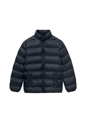 Veste rembourrée bleu marine avec un col montant, fermeture éclair à l'avant, matelassage horizontal et deux poches latérales. Fabriquée en matériau brillant et isolant.