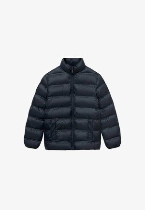 Navy puffer jacket featuring a stand collar, zip front, horizontal quilting, and two side pockets. Made of a glossy, insulated material.