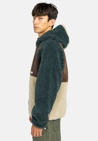 Jonge man die een kleurblok fleece hoodie draagt in donker groen, bruin en crème, zijwaarts staand tegen een effen achtergrond.
