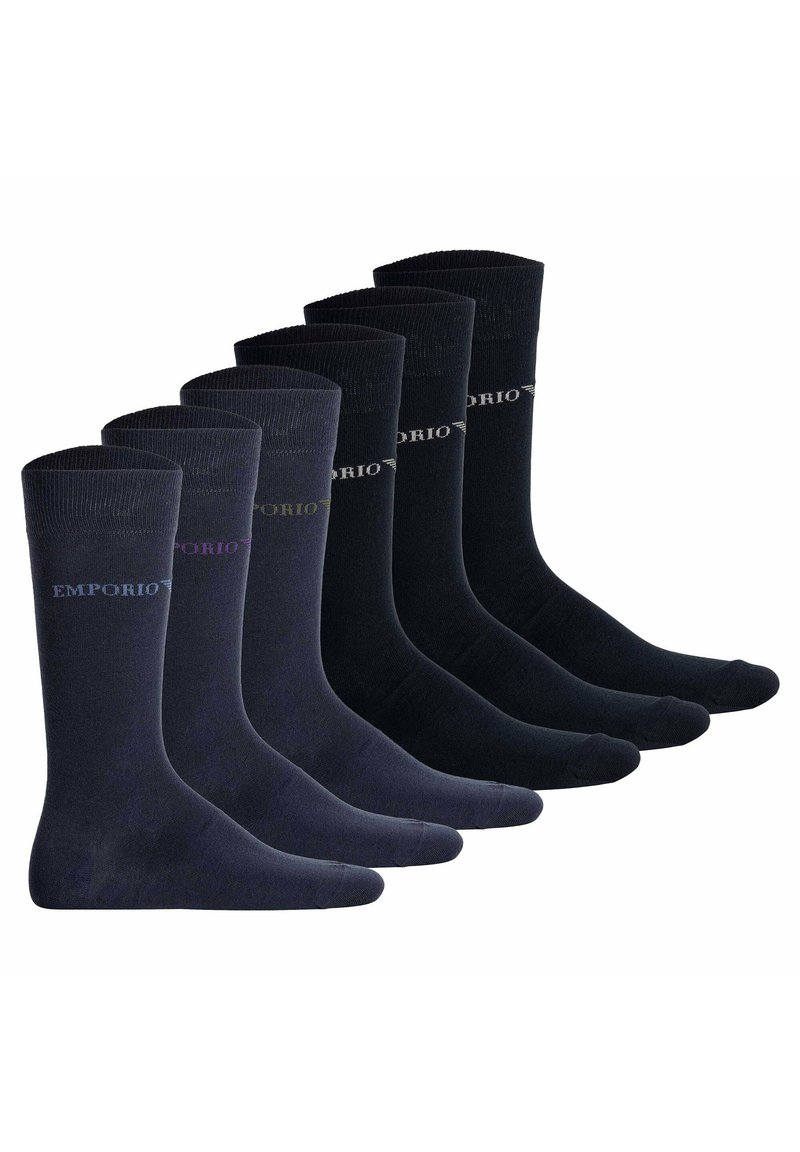 Set med sex strumpor i olika nyanser av marinblått, tillverkade av mjukt tyg; har ribbade muddar och "Emporio"-logotypen nära toppen.