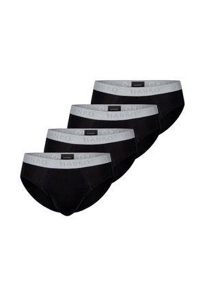 Vier schwarze Herren-Slips mit grauen elastischen Bundabschlüssen, gebrandet mit "HANRO", diagonal auf einem weißen Hintergrund gestapelt.