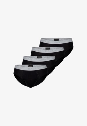 Fire sorte herretrusser med grå elastiske taljebånd med mærket "HANRO" lagt diagonalt stablet på en hvid baggrund.