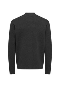 Maglione grigio scuro a maglia con maniche lunghe, scollo arrotondato e texture liscia. La parte posteriore è semplice senza decorazioni.