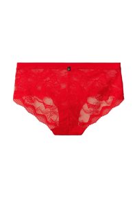 Rote Spitzenunterwäsche mit floralem Muster, gewellten Kanten und einem glatten Taillenbund. Es hat ein kleines Logo-Label an der Vorderseite.