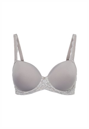 Gray padded bra with lace trim, featuring adjustable straps and center button detail. Smooth fabric with a slight sheen.
