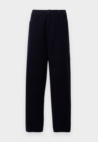 Pantalon droit noir en velours côtelé avec poches avant et fermeture boutonnée à la taille sur un fond clair uni.