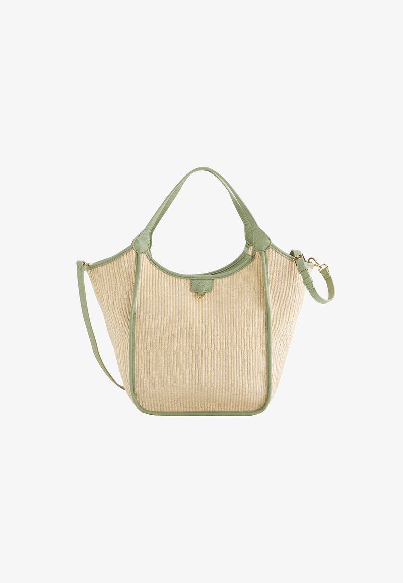 Beige striped handbag with green leather accents, dual handles, and adjustable shoulder strap. Features gold hardware and a spacious interior.