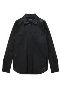 Black leather shirt jacket with a collared neck, two front pockets, and snap button closure. Smooth texture and relaxed fit design.