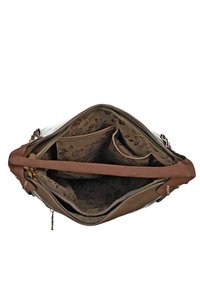 Bruine handtas met een gestructureerde buitenkant. Binnenzijde met bloemenpatroon, meerdere vakken en een ritssluiting zak.