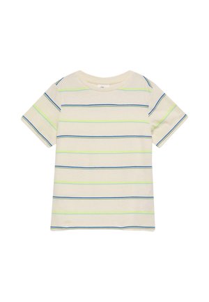 Kurzes T-Shirt mit kurzen Ärmeln, dünnen horizontalen Streifen in Blau und Hellgrün, Rundhalsausschnitt und regulärer Passform.