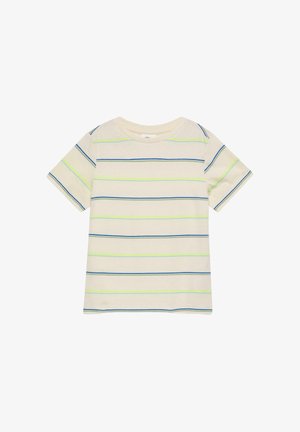 Roomkleurig T-shirt met korte mouwen, voorzien van dunne horizontale strepen in blauw en lichtgroen, ronde halslijn en reguliere pasvorm.