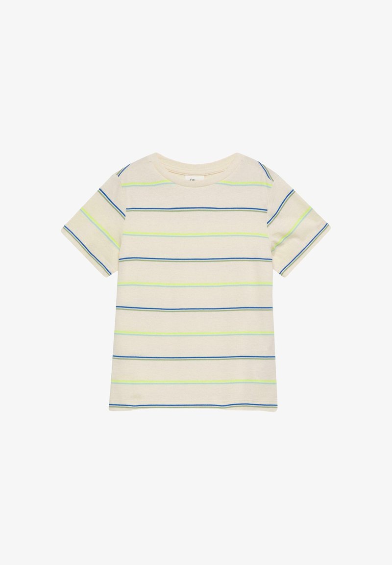 T-shirt crème à manches courtes avec fines rayures horizontales en bleu et vert clair, col rond et coupe régulière.