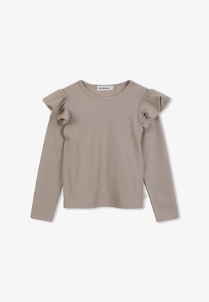 Camisola de manga longa em bege claro, com detalhes franzidos nos ombros e um design de gola redonda, apresentando uma etiqueta perto da bainha.